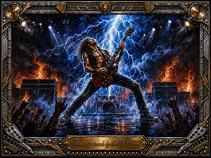 A fierce guitarist dominates a storm-lashed concert stage, framed by towering amplifiers, flames, and raised crowd silhouettes. Electric-blue lightning explodes overhead, contrasting with fiery orange stage glow and deep blacks. The dramatic painted style uses energetic brushwork, reflective surfaces, and metallic detail, enclosed by an ornate chrome-and-gold rock-themed frame.