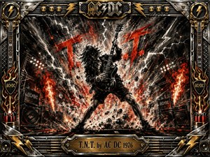 A fierce guitarist dominates an explosive concert stage, surrounded by blazing pyrotechnics, lightning, smoke, amplifier stacks, and flying debris. Deep feathered charcoal textures create a gritty black-and-gray atmosphere, intensified by vivid red, orange, chrome, and gold accents. The industrial frame, rock motifs, and engraved title plate amplify the rebellious, high-voltage mood.