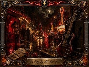 A neon-drenched night street glows with danger, temptation, and raw rock energy. Wet pavement reflects crimson, amber, and gold lights beneath smoky skies, while an electric guitar, amplifier, whiskey glass, cards, and dice fill the foreground. Ornate metallic framing, lightning motifs, and expressive oil-paint textures intensify the decadent atmosphere.