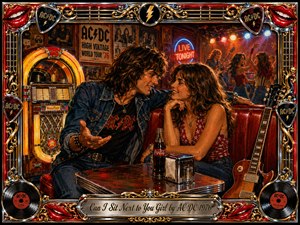 A flirtatious young couple leans close in a glowing 1970s diner and rock club, surrounded by a jukebox, guitar, posters, and lively dancers. Warm reds, amber golds, chrome highlights, and neon blues create energetic nostalgia. Rich acrylic-style textures, playful expressions, and the ornate musical frame capture youthful rock-and-roll romance.