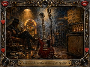 A weathered red electric guitar and vintage microphone dominate a smoky rock studio, surrounded by drums, glowing amplifiers, vinyl records, and a relaxed shadowed musician. Warm amber light contrasts with deep blue-gray haze, creating a confident, timeless mood. Rich oil-painted textures and an ornate chrome-and-gold musical frame complete the scene.