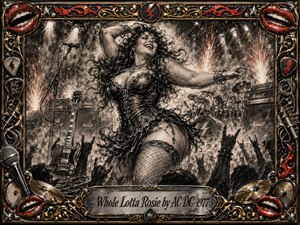 A voluptuous rock-and-roll muse commands a smoky concert stage, dancing joyfully amid blazing pyrotechnics, amplifiers, guitars, drums, and raised crowd silhouettes. Deep charcoal textures and dramatic shadows dominate, accented by fiery red, ember orange, chrome, and gold. An ornate music-themed frame and engraved title plate complete the rebellious vintage poster style.