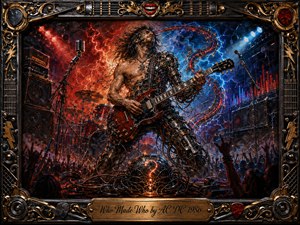A fierce half-human, half-machine guitarist commands an electrified concert stage, surrounded by towering amplifiers, drums, cables, and cheering silhouettes. Fiery reds and oranges clash with icy blue lightning, creating a powerful industrial mood. Rich oil-painted textures, metallic details, swirling energy, and an ornate chrome-and-gold musical frame intensify the dramatic composition.