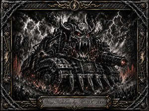 A monstrous armored war machine surges through a stormy industrial battlefield, its horned skull face glowing red beneath cracking lightning. Deep charcoal textures, blackened steel, smoke, sparks, and ember-orange highlights create a fierce, apocalyptic mood. Ornate barbed-wire metal framing, gold accents, speaker towers, and the engraved title plate complete the dramatic composition.