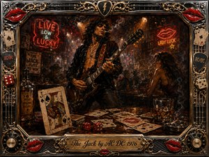 A gritty oil-painted rock guitarist dominates a smoky 1970s nightclub, surrounded by playing cards, dice, whiskey, neon signs, and a watchful woman. Deep reds, amber golds, blacks, and chrome glow under dramatic stage lighting. An ornate metallic frame of lips, guitar details, cards, and amplifier controls completes the sly, dangerous mood.
