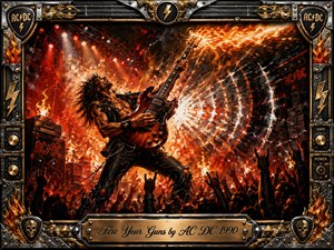 A long-haired guitarist dominates a blazing rock concert, thrusting a red electric guitar into a storm of flames, sparks, and radiating sound waves. Fiery reds, oranges, black, chrome, and gold create an explosive mood. Dramatic stage lighting, cheering silhouettes, speaker stacks, and an ornate metallic frame complete the energetic acrylic-painted scene.