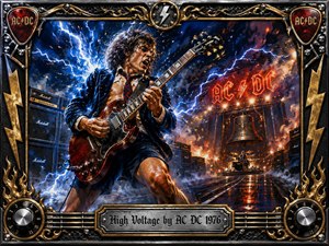 A fiercely animated guitarist dominates a storm-charged rock stage, surrounded by blue-white lightning, blazing orange sparks, amplifier stacks, and drifting smoke. Rich oil-painted textures heighten the explosive mood, while chrome, gold, flames, guitar strings, and control knobs form an ornate frame. A metal title plate anchors the dramatic composition.