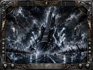 A towering black electric guitar rises like a frozen monument from a slick, icy highway beneath storm clouds and branching lightning. Cold silver, charcoal, and blue-gray tones heighten the menacing atmosphere, while spotlights, industrial towers, fog, and cheering silhouettes create concert energy. An ornate chrome-and-gold musical frame completes the dramatic charcoal-inspired composition.