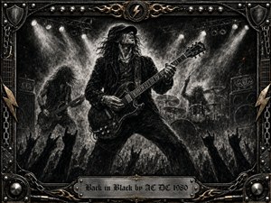 A fierce guitarist dominates a smoky concert stage, surrounded by bassist, drummer, roaring crowd silhouettes, and blazing spotlights. Deep feathered charcoal textures create a gritty black-and-silver palette with subtle gold accents. An ornate industrial frame of chains, rivets, flames, lightning, and guitar details completes the powerful hard-rock atmosphere.