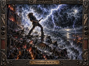 A lone guitarist stands defiantly on a shattered industrial ridge beneath a violent electrical storm, surrounded by glowing fissures, twisted cables, amplifiers, and distant burning structures. Cold blues, charcoal blacks, and fiery orange highlights intensify the explosive mood, while dramatic lightning, metallic textures, and painterly detail create a raw, thunderous rock atmosphere.