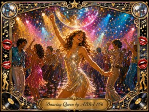 A radiant disco dancer commands a crowded 1970s dance floor beneath a sparkling mirror ball, surrounded by confetti, colorful lights, and jubilant movement. Golden, pink, blue, and turquoise highlights create a glamorous, euphoric glow. Richly painted textures, reflective costumes, musical motifs, vinyl records, red lips, and an ornate gold frame heighten the celebratory mood.