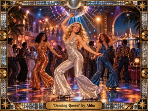 A radiant 1970s disco scene captures three women dancing beneath mirrored balls in a glamorous nightclub. Silver, gold, and blue sequined outfits shimmer across a reflective floor as warm amber, violet, and electric-blue lights sweep through the crowd. Ornate mirrored framing and gold accents heighten the joyful, cinematic celebration.