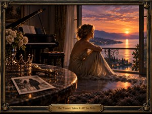 A wistful woman in a shimmering gown sits beside an open balcony overlooking a glowing sunset lake and distant mountains. A grand piano, crown, fallen chess king, and faded photograph symbolize love, loss, and emotional surrender. Warm golds, amber, rose, and deep shadows create a luxurious, nostalgic atmosphere within an ornate Art Deco frame.