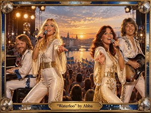 A glamorous 1970s concert scene captures four performers in sparkling cream-and-gold costumes before a cheering crowd and Swedish flags, with a glowing European waterfront skyline beyond. Warm sunset light, mirrored disco details, blue-and-gold mosaic framing, and reflective water create an exuberant, nostalgic atmosphere, blending theatrical realism with richly handcrafted poster-like elegance.