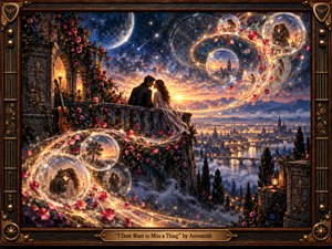 A devoted couple sits close on a rose-covered stone terrace above a glowing twilight city, surrounded by sweeping golden trails and translucent memory bubbles. Deep blues, violets, amber, and rose tones create a tender, timeless mood. Painterly textures, celestial light, distant architecture, and an ornate wood-and-bronze frame enrich the romantic composition.