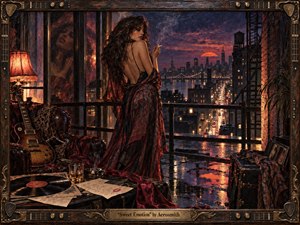 A sultry woman stands on a rain-slicked rooftop overlooking a glowing city at sunset, framed by brick, steel, and vintage rock-and-roll details. Deep reds, amber lights, and smoky blues create a seductive, restless mood, while the worn guitar, vinyl record, reflections, and ornate wooden frame add tactile, nostalgic richness.
