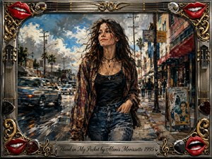 A confident young woman strolls through a bustling city street with one hand in her pocket, surrounded by blurred traffic, storefronts, and bright clouds. Expressive acrylic brushwork blends warm earth tones, cool blues, and sunlit highlights. An ornate chrome-and-gold musical frame, red lips, guitar details, and engraved title plate add playful 1990s character.