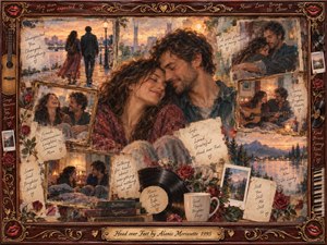 A tender couple rests closely together within a nostalgic collage of shared memories, framed by ornate rosewood, gold filigree, roses, records, guitar details, and handwritten notes. Warm amber, crimson, teal, and twilight blue tones glow beneath soft evening light, while painterly oil, acrylic, and watercolor textures create a romantic, grateful atmosphere.