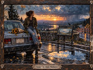 A contemplative young woman sits on a weathered car at a rain-soaked overlook, facing a glowing sunset beneath turbulent storm clouds. Sunflowers, reflective puddles, distant mountains, a winding barricaded road, and a perched crow deepen the bittersweet mood. Rich blue-gray and amber tones blend through textured, painterly mixed media within a rugged handcrafted frame.