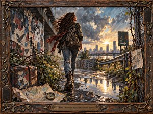 A windswept woman walks along a rain-darkened urban path toward a glowing skyline beneath clearing storm clouds. Warm gold light breaks through cool blue-gray skies, reflecting in puddles beside wildflowers, vines, a worn suitcase, map, and compass. Rich mixed-media textures and an ornate weathered frame emphasize resilience, movement, and hopeful transformation.