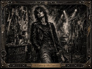 A brooding young rocker stands with an electric guitar in a dim, cluttered rehearsal room, surrounded by drums, microphone, bottles, posters, and smoky stage light. Deep charcoal textures, muted black and sepia tones, distressed walls, and an ornate metallic frame create a rebellious, uncertain mood of restless youth and emerging identity.