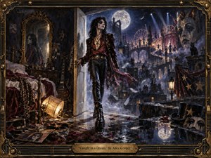 A glam-rock figure strides from a shadowy, cluttered bedroom into a surreal moonlit carnival city, where mist, rooftops, ferris wheels, masks, feathers, and glowing pathways blur reality and fantasy. Deep blues, burgundy, black, and tarnished gold create a mysterious mood, rendered in richly textured, cinematic oil-paint style.