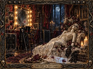 A pale, mannequin-like woman reclines amid wilted roses in a decadent gothic dressing room, surrounded by cracked mirrors, candles, stage props, and moonlit windows. Warm amber bulbs clash with icy blue night tones, creating eerie theatrical tension. Rich burgundy, black, ivory, and tarnished metal details evoke handcrafted 1970s shock-rock glamour.