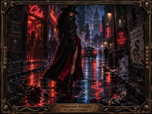 A mysterious woman in a black leather coat and wide-brimmed hat strides through a rain-soaked neon city at night. Crimson signs, blue shadows, wet reflections, drifting steam, roses, and a shattered compact mirror create a seductive, dangerous mood. Rich digital painting, noir lighting, and an ornate antique frame heighten the theatrical atmosphere.