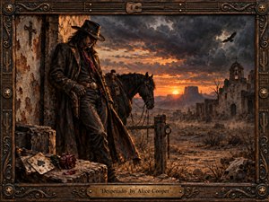 A weathered desperado stands beside his dark horse in a desolate frontier landscape at sunset, surrounded by ruined mission walls, dry scrub, scattered bones, playing cards, and a fading rose. Fiery orange light cuts through storm clouds, casting long shadows across richly textured, painterly surfaces framed by carved wood and aged metal.