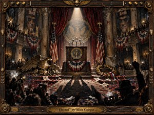 A decaying political rally unfolds inside a grand, shadowy auditorium, where an empty podium faces a restless crowd beneath tattered flags and monumental portraits. Bronze, crimson, black, and aged ivory dominate the palette, illuminated by a harsh central spotlight. Textured, painterly realism, scattered confetti, cameras, wreaths, and a heavy rock-inspired frame create theatrical menace.