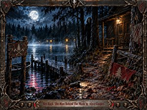 A masked figure lurks beside a weathered lakeside cabin beneath a brilliant full moon, surrounded by mist, dark pines, a wet dock, and shimmering water. Cold blue shadows contrast with warm amber porch light and restrained crimson accents. The richly textured oil-and-acrylic style, ornate metal frame, scattered camp relics, and reflective surfaces create tense, cinematic horror atmosphere.