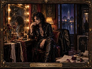 A weary rock star sits alone in a rain-darkened dressing room, framed by cracked mirrors, glowing bulbs, wilted roses, scattered sheet music, and half-empty bottles. Warm amber light clashes with cold blue city rain outside, creating a brooding, intimate mood. Rich painterly textures and ornate bronze framing suggest concealed vulnerability beneath theatrical toughness.