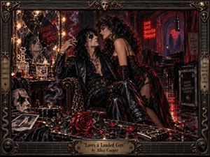 A decadent gothic rock dressing room frames a dangerously intimate couple amid cracked mirrors, roses, liquor, leather, and theatrical relics. Deep crimson, black, bronze, and amber dominate under smoky stage lighting. Ornate metalwork, guitar details, a hanging microphone, and reflective surfaces create a sinister, sensual, handcrafted glam-rock atmosphere.