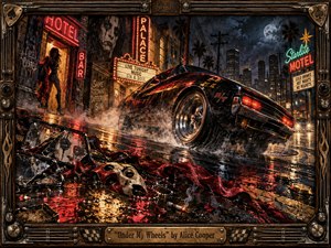 A black muscle car tears through a rain-slick neon street, surrounded by gritty motel signs, shattered reflections, a fallen mask, and trailing red fabric. Deep blues, crimson, amber, and chrome highlights create a dangerous nocturnal glow. The low-angle composition, textured mixed-media style, ornate rock-themed frame, and wet reflections amplify reckless momentum and theatrical menace.