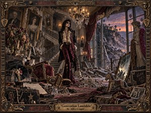 An androgynous glam-rock figure stands amid the crumbling luxury of a once-grand mansion, surrounded by tilted portraits, broken antiques, wilted flowers, shattered glass, and childhood relics. Warm chandelier light clashes with violet-orange dusk beyond collapsing windows, while tarnished golds, burgundy, charcoal, and dusty cream create a theatrical, melancholic oil-painted atmosphere.