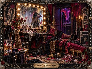 A decadent glam-rock dressing room glows with crimson velvet, black leather, leopard print, tarnished gold, and violet neon. A cracked bulb-lit mirror reflects a shadowy performer amid roses, jewelry, champagne, feathers, and scattered stagewear. Painterly textures, smoky shadows, and an ornate studded metal frame create a seductive atmosphere of glamour, excess, and elegant ruin.