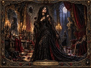 A regal black-clad widow stands within a decadent Victorian chamber, surrounded by candlelit skulls, crimson roses, cobwebs, antique furnishings, and a looming black widow spider. Deep blacks, blood reds, bronze, and cold moonlight create a sinister theatrical mood, framed by ornate gothic metalwork and richly textured, painterly detail.