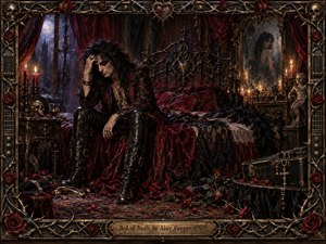 A brooding rock figure sits on a crimson-draped bed in a shadowy gothic bedroom, surrounded by roses, skulls, candles, ironwork, and worn leather. Deep reds, black, and tarnished bronze dominate the palette, while flickering candlelight and moonlight create dramatic contrast. The richly textured scene feels decadent, haunted, romantic, and emotionally dangerous.