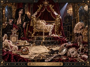 A decadent gothic palace glows with candlelight and gold, centered on an ornate empty cradle beneath crimson velvet drapery and a crowned eye. Glam-rock figures lounge among pearls, shattered dolls, money, jeweled toys, mirrors, and dark marble. Rich blacks, burgundy, brass, and warm highlights create a sinister, theatrical atmosphere.