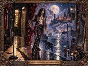 A theatrical glam-rock figure steps from a shadowy backstage doorway into a moonlit dreamscape of flooded streets, misty towers, and carnival lights. Deep blues, crimson velvet, gold, and silver glow beneath dramatic celestial lighting. Roses, playing cards, reflections, and ornate metallic framing create a surreal, decadent, mysterious atmosphere.