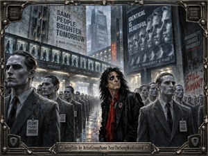 A solitary rebel stands amid endless ranks of identical suited figures in a rain-soaked dystopian city. Cold steel blues and grays dominate, broken by his vivid red scarf. Harsh industrial lighting, towering propaganda screens, reflective pavement, and intricate metallic framing create a tense, theatrical painting about conformity, identity, and resistance.
