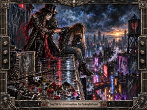 A theatrical rock figure steadies a distressed young man on a rain-slick rooftop above a neon-lit city at dawn. Storm clouds, fiery sunrise, glowing billboards, broken glass, roses, chains, and a shattered mirror create a tense but hopeful mood. Rich blacks, crimson accents, metallic textures, and dramatic painterly lighting dominate.