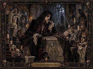 A brooding gothic figure mourns beside an ornate stone coffin in a candlelit crypt, surrounded by skulls, wilted roses, ravens, mirrors, lace, and funerary relics. Deep blacks, bronze, burgundy, and bone tones create a macabre Victorian mood, while dramatic shadows and intricate handcrafted details enrich the theatrical composition.