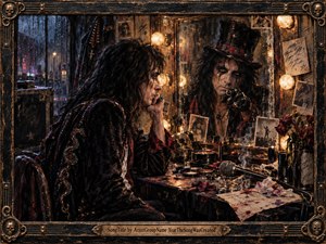 A brooding rock performer sits before a weathered dressing-room mirror, confronting his reflected persona amid photographs, wilted roses, makeup, a microphone, and scattered notes. Warm vanity bulbs contrast with cold rainy city light, creating a theatrical, introspective mood. Rich blacks, bronze, crimson, smoke, and distressed textures evoke dark vintage realism.