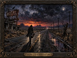 A lone traveler carrying a guitar case walks down a rain-slicked desert highway beneath a turbulent twilight sky. Abandoned roadside buildings, telephone poles, and distant mesas frame the long perspective. Fiery orange light fades into stormy blues and black, rendered in a gritty, textured painted style within an ornate, weathered metal frame.