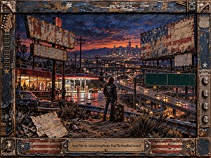 A lone traveler stands above a sprawling American city at dusk, surrounded by cracked highways, rusted billboards, abandoned cars, and glowing roadside diners. Deep blues, fiery orange skies, and neon reflections create a restless, disillusioned mood. Weathered mixed-media textures, distressed metal framing, and scattered road debris reinforce themes of isolation and uncertainty.