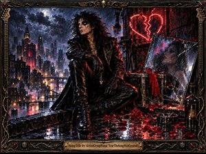 A brooding glam-rock figure in black leather sits on a rain-soaked rooftop above a nocturnal city, surrounded by crimson roses, a shattered mirror, and a glowing broken-heart sign. Cold blue moonlight clashes with fiery red neon, creating a dangerous romantic mood rendered in richly textured, gothic, cinematic realism.