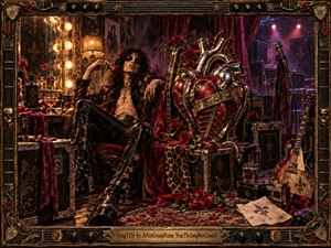 A decadent glam-rock figure lounges backstage beside a monumental mechanical heart wrapped in red roses, surrounded by guitars, trunks, velvet, and scattered bottles. Warm amber bulbs contrast with magenta stage lights, creating a seductive, theatrical mood. Rich leather, brass, crimson fabric, and ornate metalwork give the scene a lavish handcrafted realism.