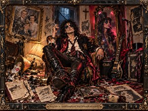 A defiant glam-rock figure lounges amid a wrecked, theatrical room of shattered glass, torn photographs, guitars, liquor, and faded elegance. Deep blacks, crimson highlights, tarnished gold, and smoky amber light create a rebellious, decadent mood. An ornate skull-studded metal frame and cracked mirror intensify the handcrafted gothic spectacle.