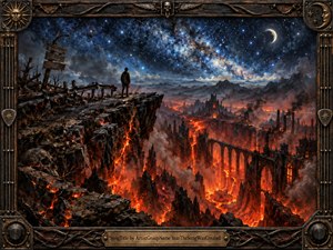 A lone figure stands on a shattered cliff above a fiery ruined city, suspended between glowing chasms and a vast star-filled sky. Cold blues and silver starlight contrast with molten reds and oranges below. The richly textured, painterly scene feels apocalyptic yet contemplative, enclosed by an ornate gothic music-inspired frame.
